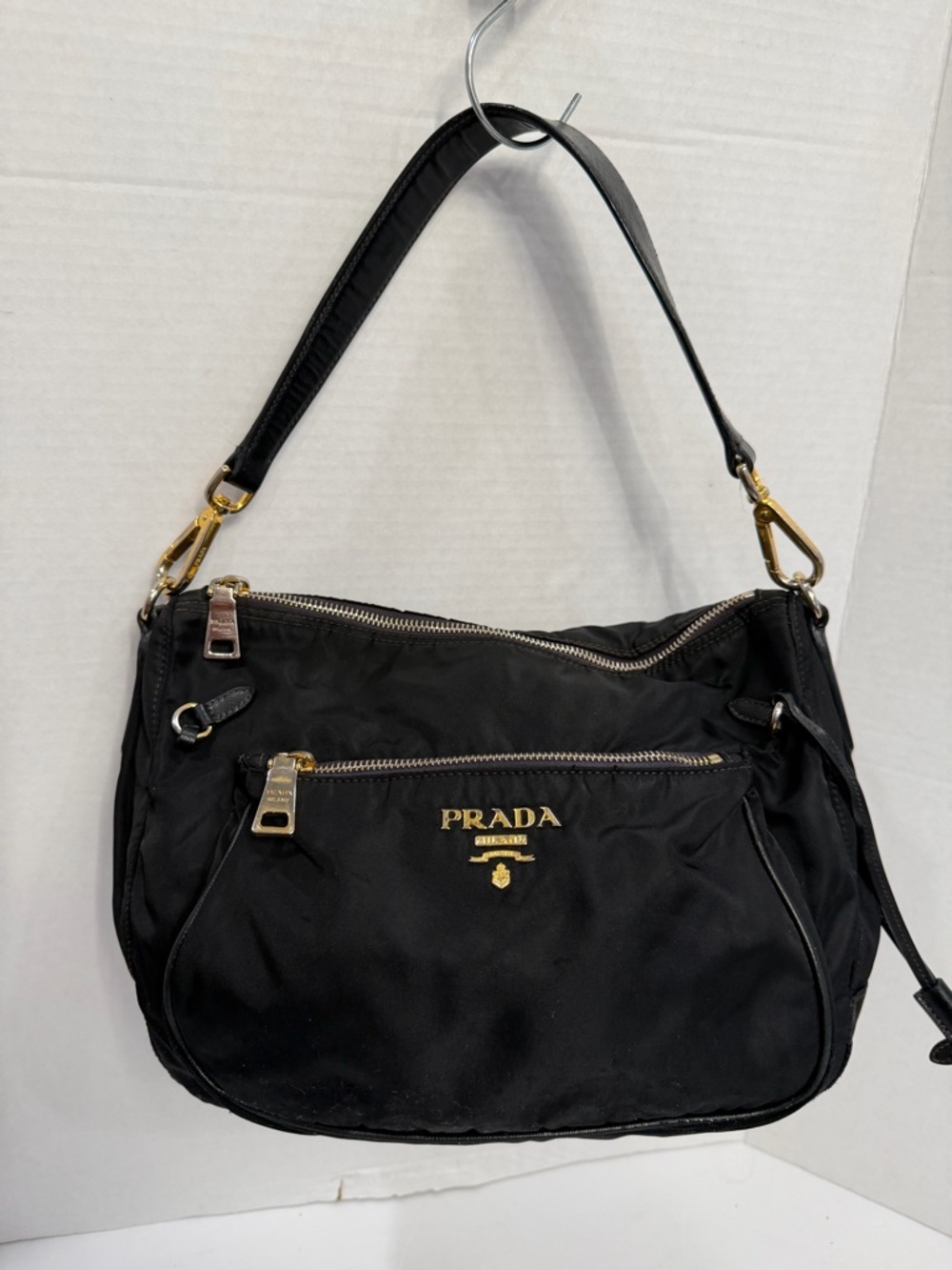 PRADA Black Nylon Shoulder Bag with Gold Hardware missing one  sinch